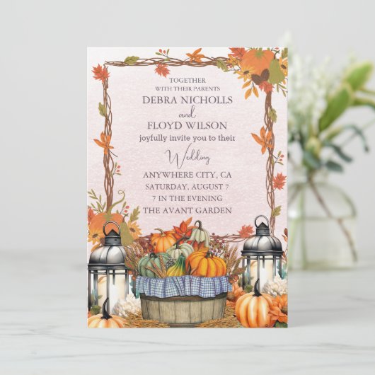 Herfst Bloemen Pompoen Scrip bruiloft uitnodiging (Staand voorkant)