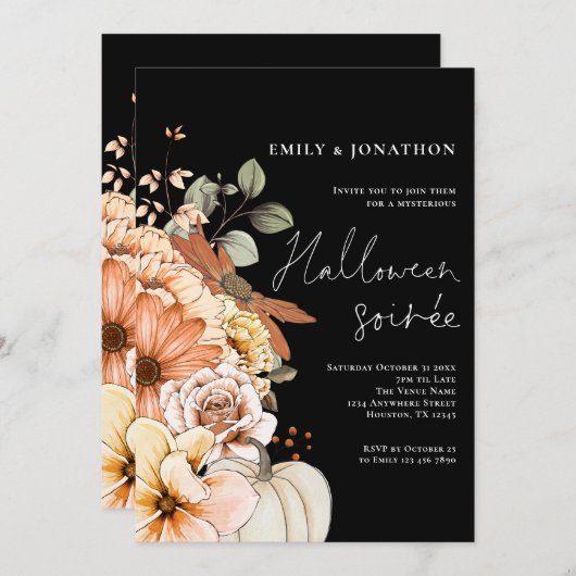 Herfst Bloemen Pompoen Script Halloween Party Zwar Kaart (Voorkant / Achterkant)