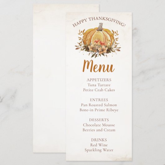 Herfst Bloemen Pompoen Thanksgiving Diner Menu (Voorkant / Achterkant)