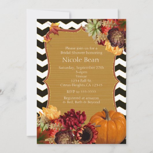 Herfst Bloemen & Pompoen Zwart Goud Uitnodigingen (Voorkant)