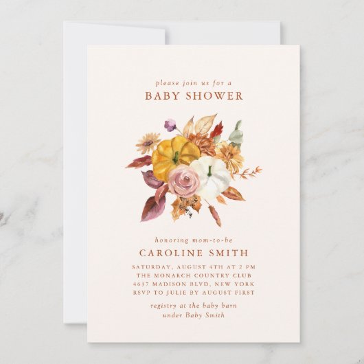 Herfst Bloemen & Pompoenen Baby shower Uitnodiging (Voorkant)