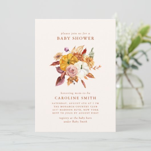 Herfst Bloemen & Pompoenen Baby shower Uitnodiging (Staand voorkant)