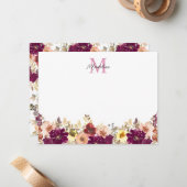 Herfst Bloemen Pruim Bloemen Waterverf Monogram Notitiekaartje (Voorkant / Achterkant in situ)
