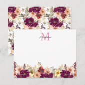 Herfst Bloemen Pruim Bloemen Waterverf Monogram Notitiekaartje (Voorkant / Achterkant)