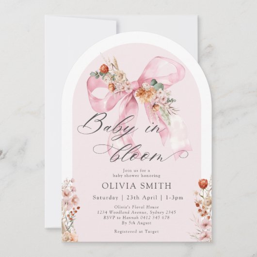 Herfst Bloemen Roze Bow Baby in Bloom Baby shower Kaart (Voorkant)