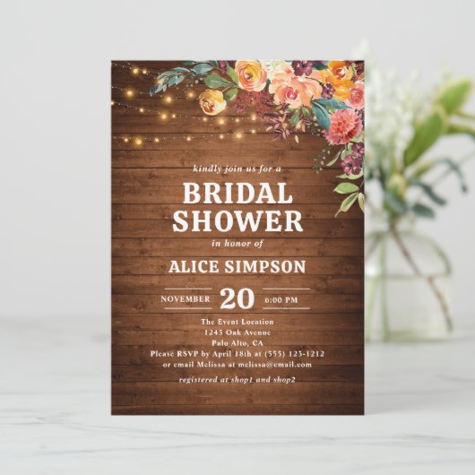 Herfst Bloemen Rustiek Hout Vrijgezellenfeest Invi Kaart (Staand voorkant)