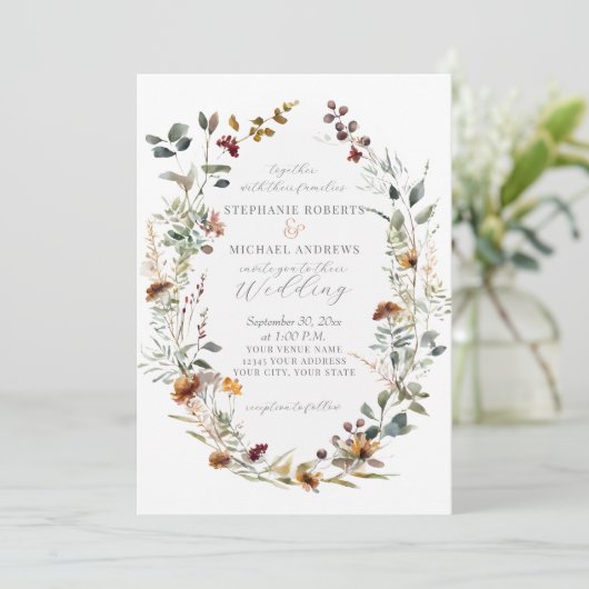 Herfst Bloemen Rustieke Boho krans Bloemen Bruilof Kaart (Staand voorkant)