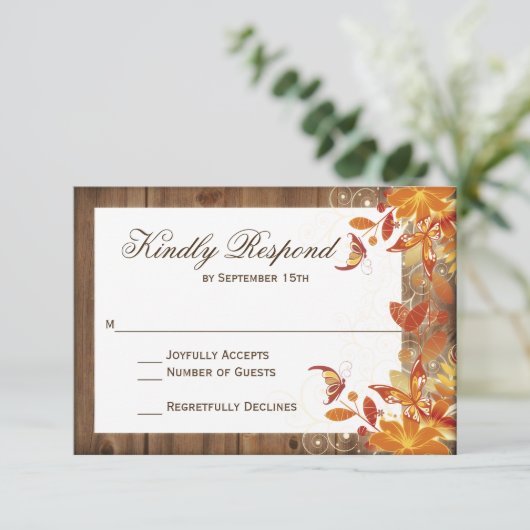 Herfst Bloemen Rustieke Houten Herfst Bruiloft RSV RSVP Kaartje (Staand voorkant)