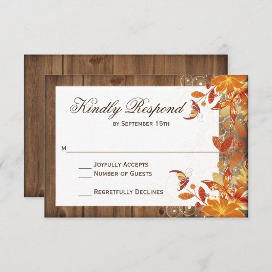 Herfst Bloemen Rustieke Houten Herfst Bruiloft RSV RSVP Kaartje (Voorkant / Achterkant)
