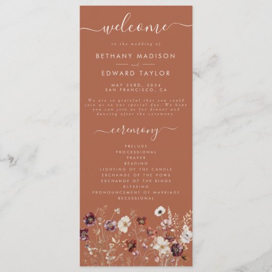 Herfst Bloemen Terracotta bruiloft Programmakaart (Voorkant)