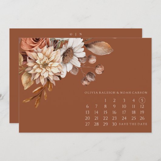 Herfst Bloemen Terracotta Save the Date Bruiloft K (Voorkant / Achterkant)