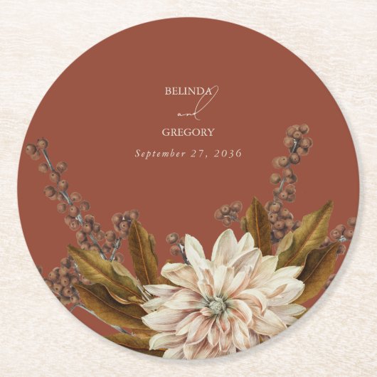 Herfst Bloemen Terracotta Waterverf Herfstbruiloft Ronde Kartonnen Onderzetter (Voorkant)