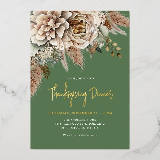 Herfst Bloemen Thanksgiving Diner Goud Folie Uitnodiging (Voorkant)