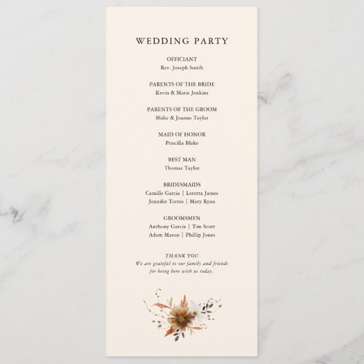 Herfst Bloemen Trouwprogramma Programmakaart (Achterkant)