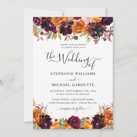 Herfst Bloemen Verbrande Sinaasappel Gouden Glitte Kaart (Voorkant)