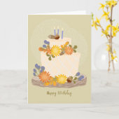 Herfst Bloemen Verjaardagstaart Kaart -Groen BG (Gele Bloem)