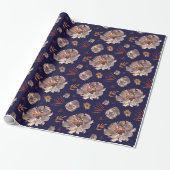 Herfst Bloemen Waterverf Blauw Patroon Cadeaupapier (Uitgerold)