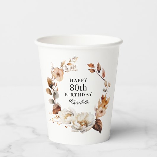 Herfst Bloemen Waterverf Botanische 80ste Verjaard Papieren Bekers (Achterkant)
