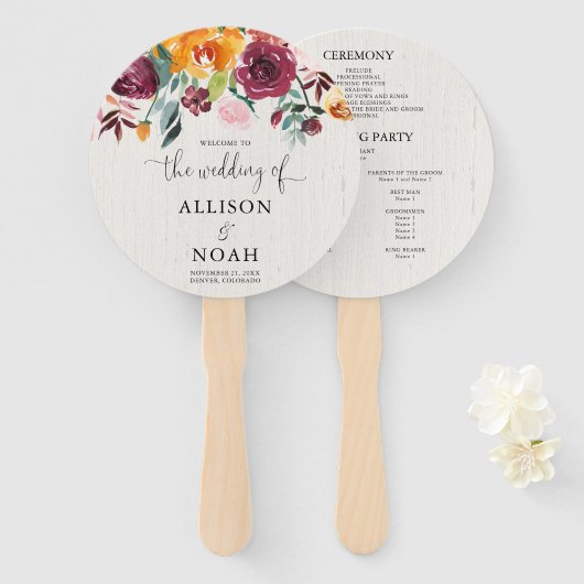 Herfst Bloemen waterverf rustiek bruiloft programm Handwaaier (Voorkant en achterkant)