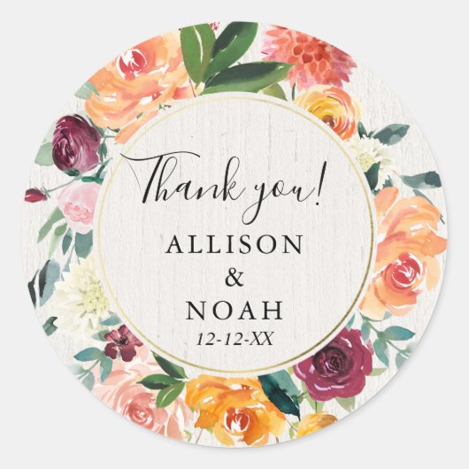 Herfst Bloemen waterverf Rustieke Bourgondische gu Ronde Sticker (Voorkant)