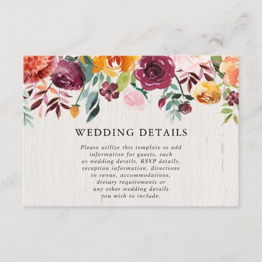 Herfst Bloemen waterverf rustieke bruiloft details Informatiekaartje (Voorkant)