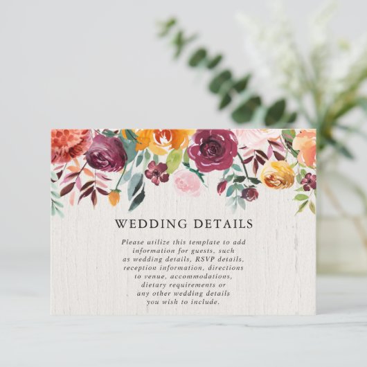Herfst Bloemen waterverf rustieke bruiloft details Informatiekaartje (Staand voorkant)