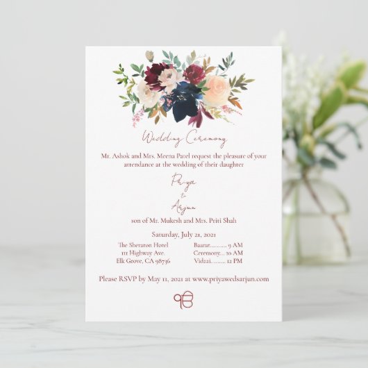 Herfst Bloemen Waterverf Sikh Ik Onkar Bruiloft Kaart (Staand voorkant)