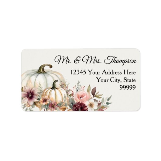 Herfst Bloemen Witte Pompoen Bourgogne Retour Adre Etiket (Voorkant)