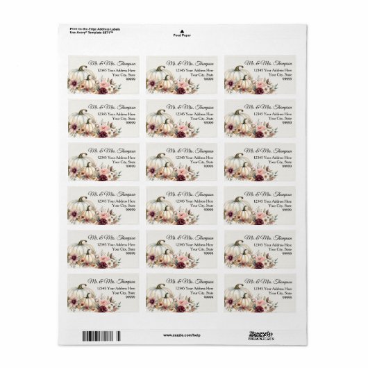 Herfst Bloemen Witte Pompoen Bourgogne Retour Adre Etiket (Full Sheet)