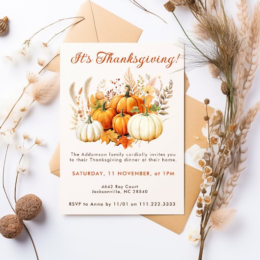 Herfst Bloemen Witte Pompoen Thanksgiving Dinner Kaart
