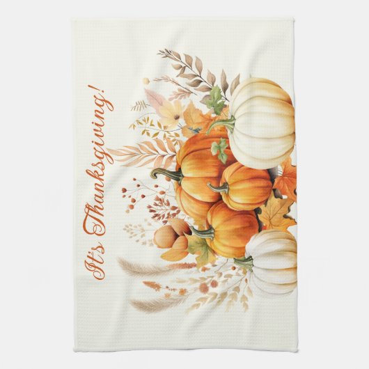 Herfst Bloemen Witte Pompoen Thanksgiving Theedoek (Verticaal)