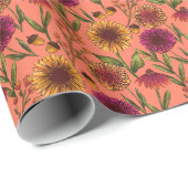 Herfst Bloemen Zonnebloem Veld op Koraal Roze Cadeaupapier (Rol Hoek)