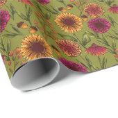 Herfst Bloemen Zonnebloem Veld op Olijfgroen Cadeaupapier (Rol Hoek)