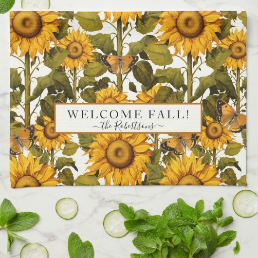 Herfst Bloemen Zonnebloem Vlinder Gebroken Wit Theedoek (Gevouwen)