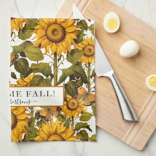 Herfst Bloemen Zonnebloem Vlinder Gebroken Wit Theedoek (Quarter Fold)