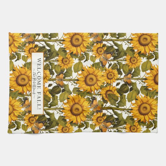 Herfst Bloemen Zonnebloem Vlinder Gebroken Wit Theedoek (Horizontaal)