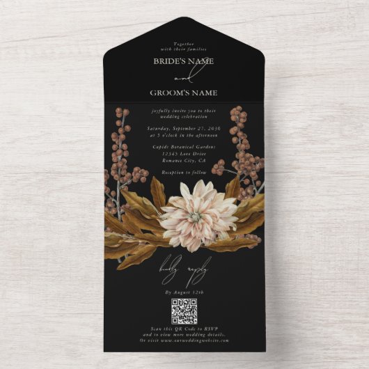 Herfst Bloemen Zwart Waterverf Herfst Bruiloft All In One Uitnodiging (Binnen)