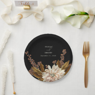 Herfst Bloemen Zwart Waterverf Herfst Bruiloft Papieren Bordje