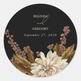 Herfst Bloemen Zwart Waterverf Herfst Bruiloft Ronde Sticker