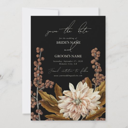 Herfst Bloemen Zwart Waterverf Herfst Bruiloft Save The Date (Voorkant)