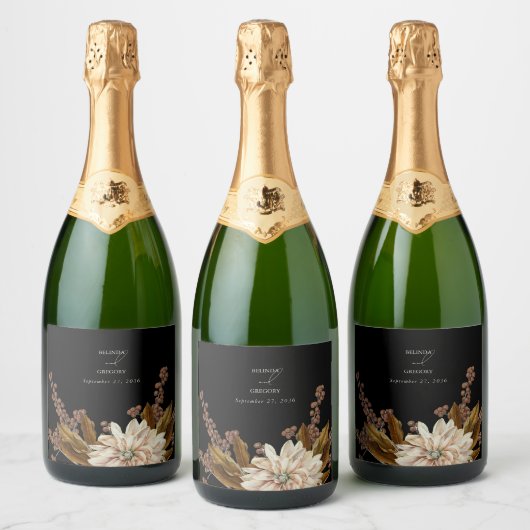 Herfst Bloemen Zwart Waterverf Herfst Bruiloft Sparkling Wijnetiket (Flessen)