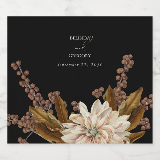 Herfst Bloemen Zwart Waterverf Herfst Bruiloft Sparkling Wijnetiket (Enkel label)