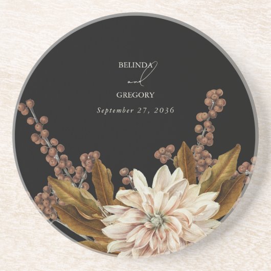 Herfst Bloemen Zwart Waterverf Herfst Bruiloft Zandsteen Onderzetter (Voorkant)