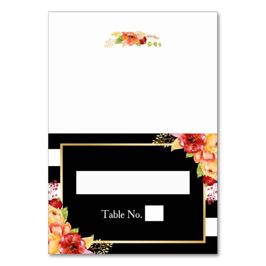 Herfst Bloemen Zwart Witte Strepen Trouwplaats Kaart (Voorkant)