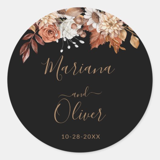 Herfst Bloemen Zwarte Envelop Afdichtingen Ronde Sticker (Voorkant)