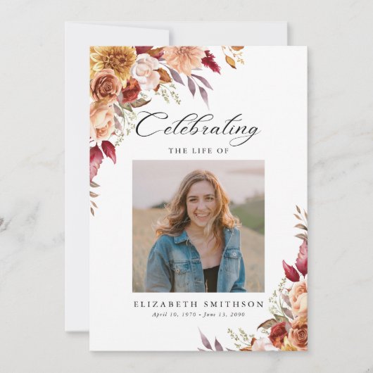 Herfst Bloemenbegrafenisprogramma Fotouitnodiging Kaart (Voorkant)