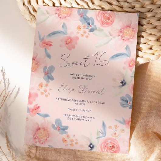 Herfst bloemenboho roze blauw waterverf Sweet 16 Kaart
