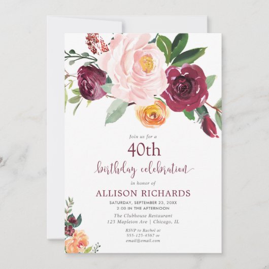 Herfst bloemenbordeaux blozen roze verjaardagsfees kaart (Voorkant)