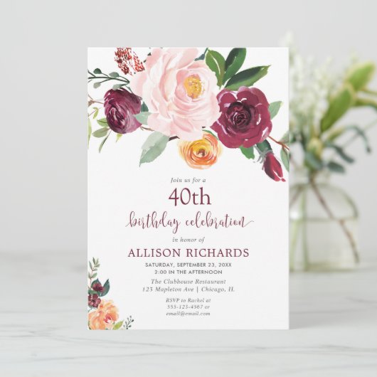 Herfst bloemenbordeaux blozen roze verjaardagsfees kaart (Staand voorkant)