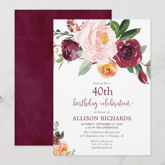 Herfst bloemenbordeaux blozen roze verjaardagsfees kaart (Voorkant / Achterkant)